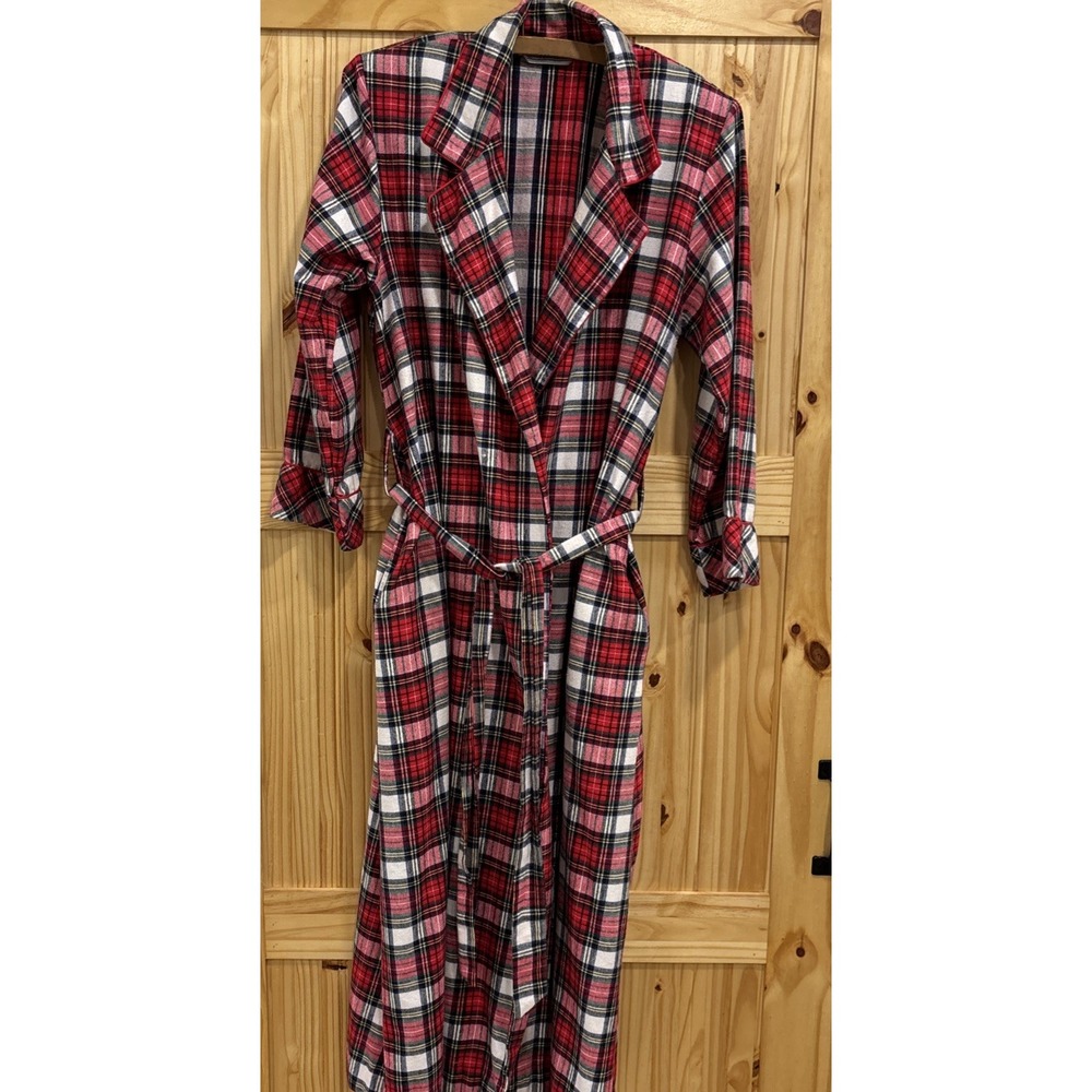 Vintage Laura Adams Flannel Plaid Women's Robe S/M Red Plaid 100% Cotton Nice